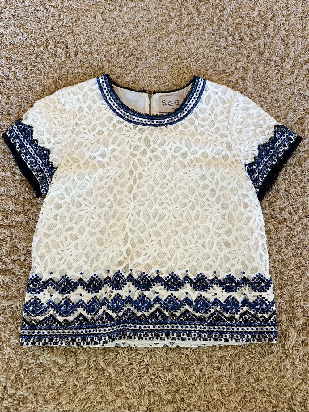 Sea New York White Lace Top with blue and Black Embroidered Trim 6